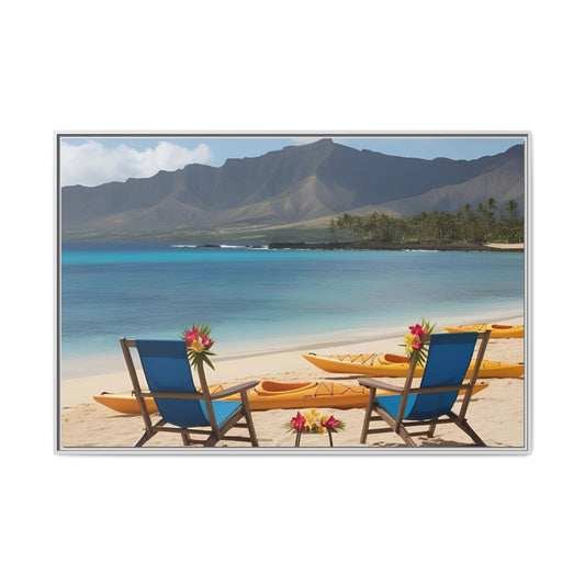 Chairs on the Beach Print Unique Framed Canvas Print Wall Art Gift Beachy Nature Lover Ocean Waves Hawaiian Vacation Decor 3 frame colors