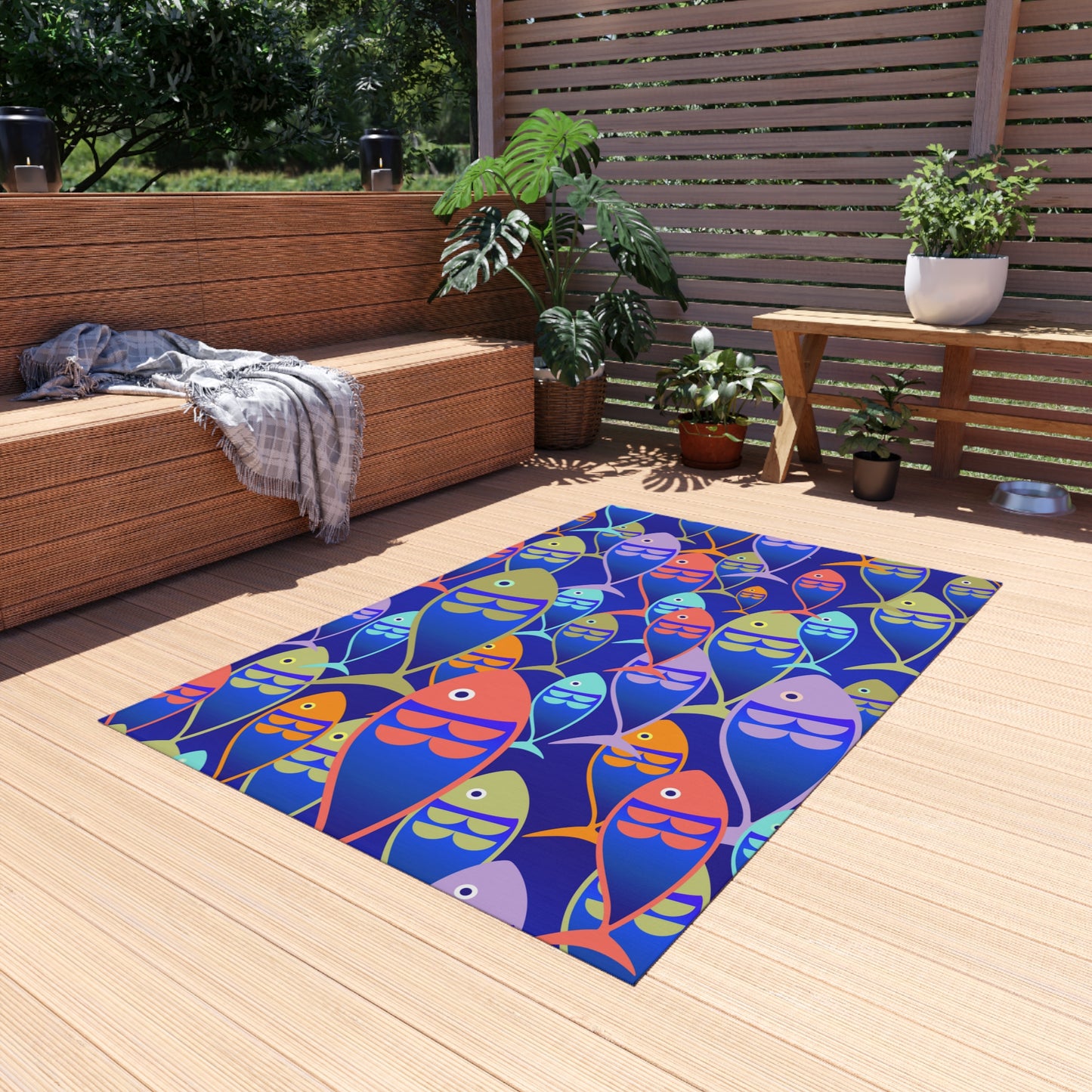 Fish Design Chenille Outdoor Rug with No-Skid Backing Cozy Outdoor Patio Carpet Oceanic Decor Gazebo Rug Pool Area Decor Kitchen Carpet