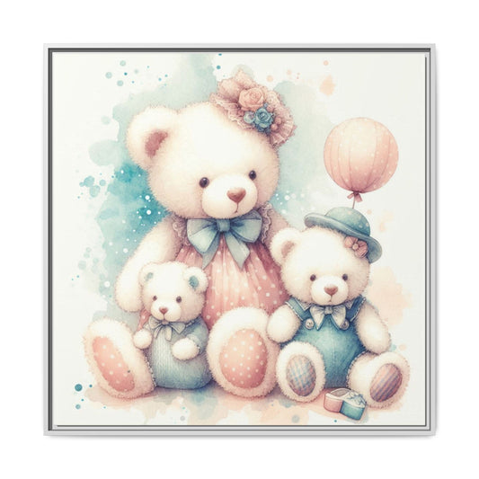 Whimsical Nursery Decor Pastel Floral Teddy Bear Design Wall Art Unique Sweet Baby Room Framed Canvas Print Unisex Baby Shower Gift