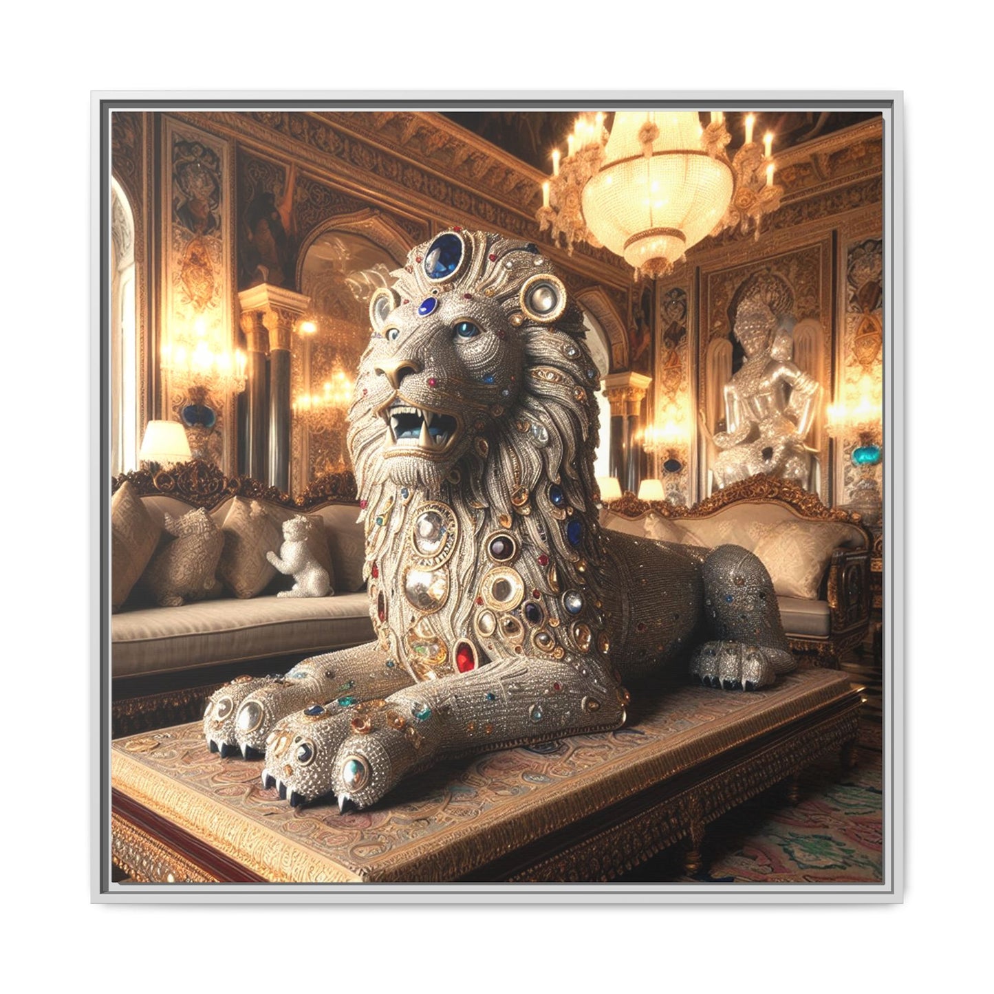 Bejeweled Lion Framed Canvas Print Wall Art Unique Fashion Designer Haute Couture Fashionista Animal Lover Gift Decor 3 Frame Colors