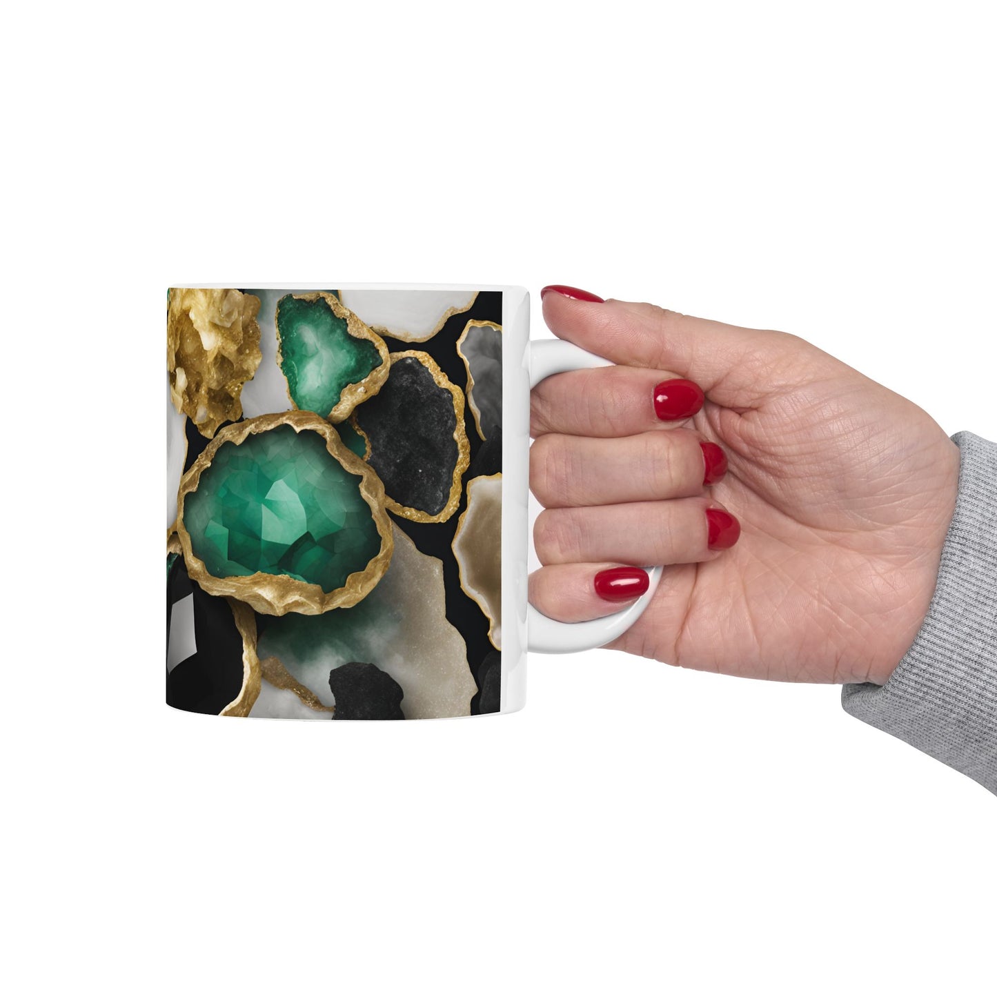 Black, White, Emerald Green and Gold Crystal Geode Design Coffee Tea Mug Boho Gemologist Gift Nature Lover Marble Rock Agate Geology Gift