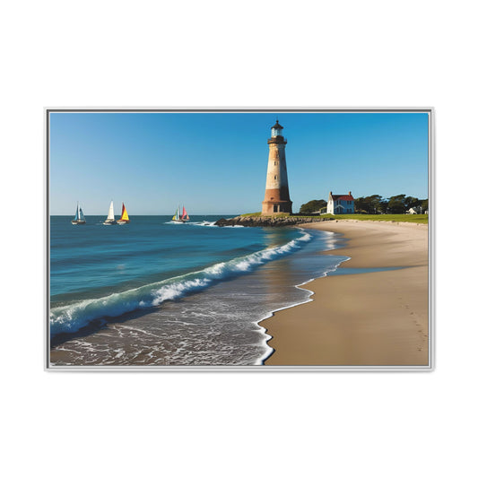 Lighthouse on the Beach Unique Framed Canvas Print Wall Art Nature Lover Gift Beachy Sailboats in the Ocean Vacation Decor 3 frame colors