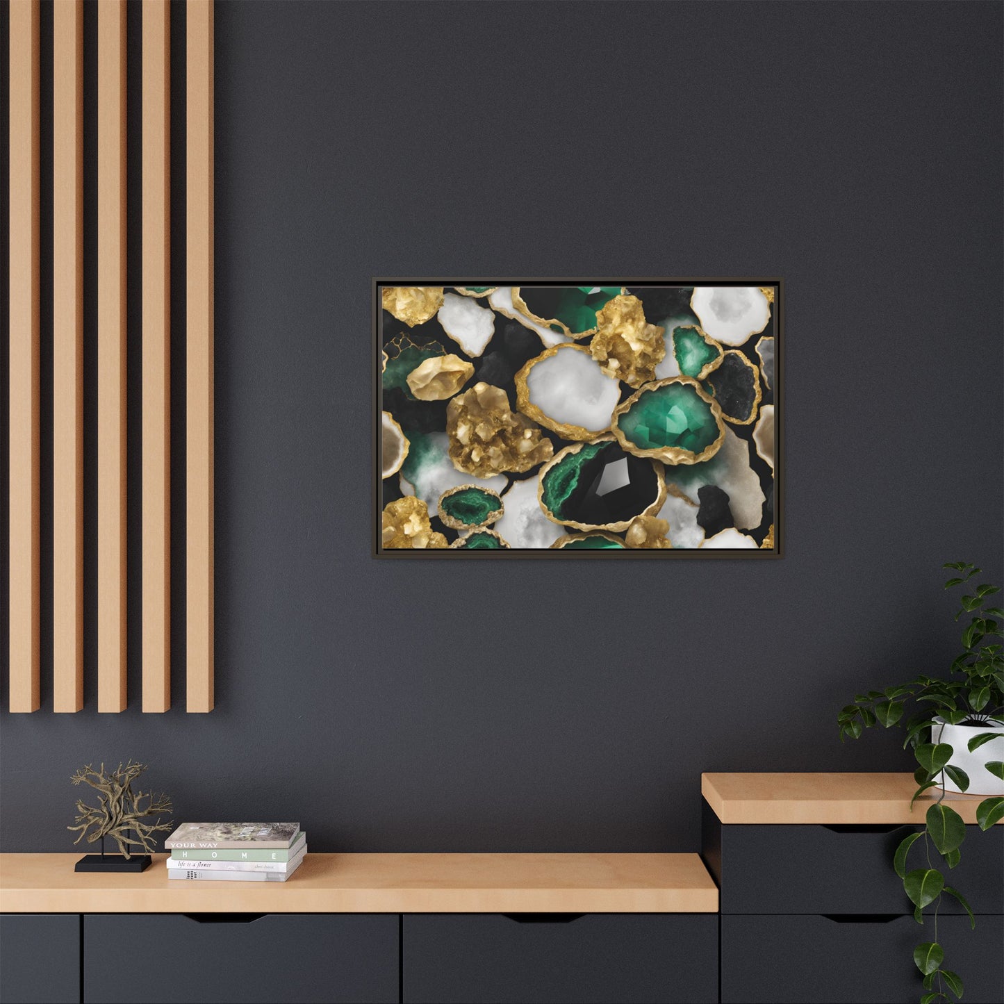 Emerald Green and Gold Quartz Crystal Design Print Matte Canvas Wall Art Nature Lover Gift Geology Rock Lover Gift 3 frame color choices