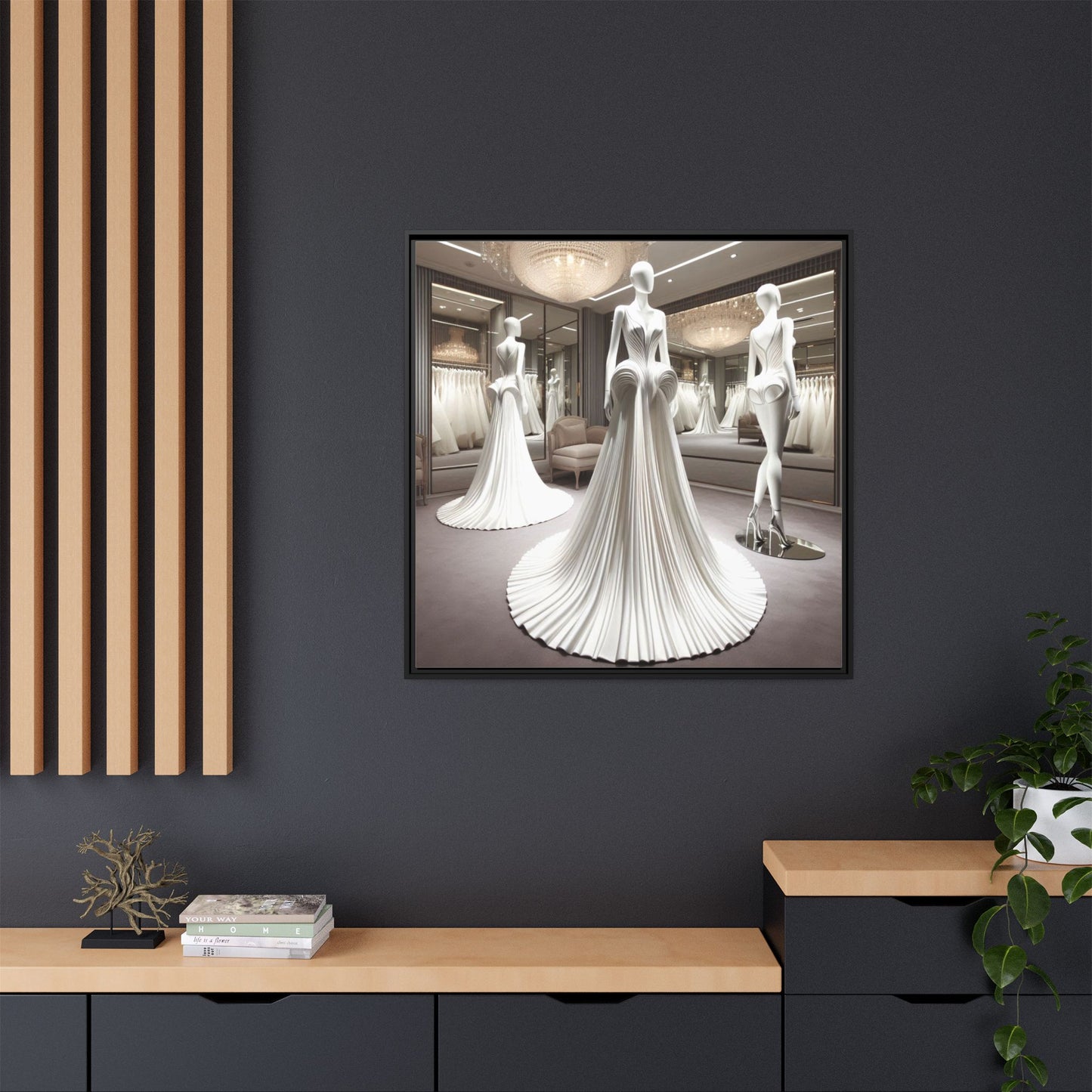 Futuristic Modern Wedding Dress Framed Canvas Print Wall Art Unique Fashion Designer Haute Couture Fashionista Gift Decor 3 Frame Colors