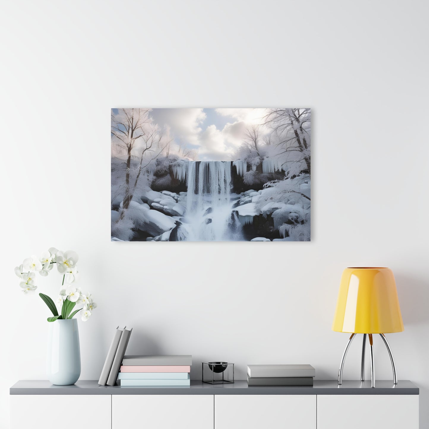 Large Snowy Waterfall Acrylic Print with French Cleat Nature Lover Wall Art Mountain Life Gift Outdoors Artwork Modern Home Decor