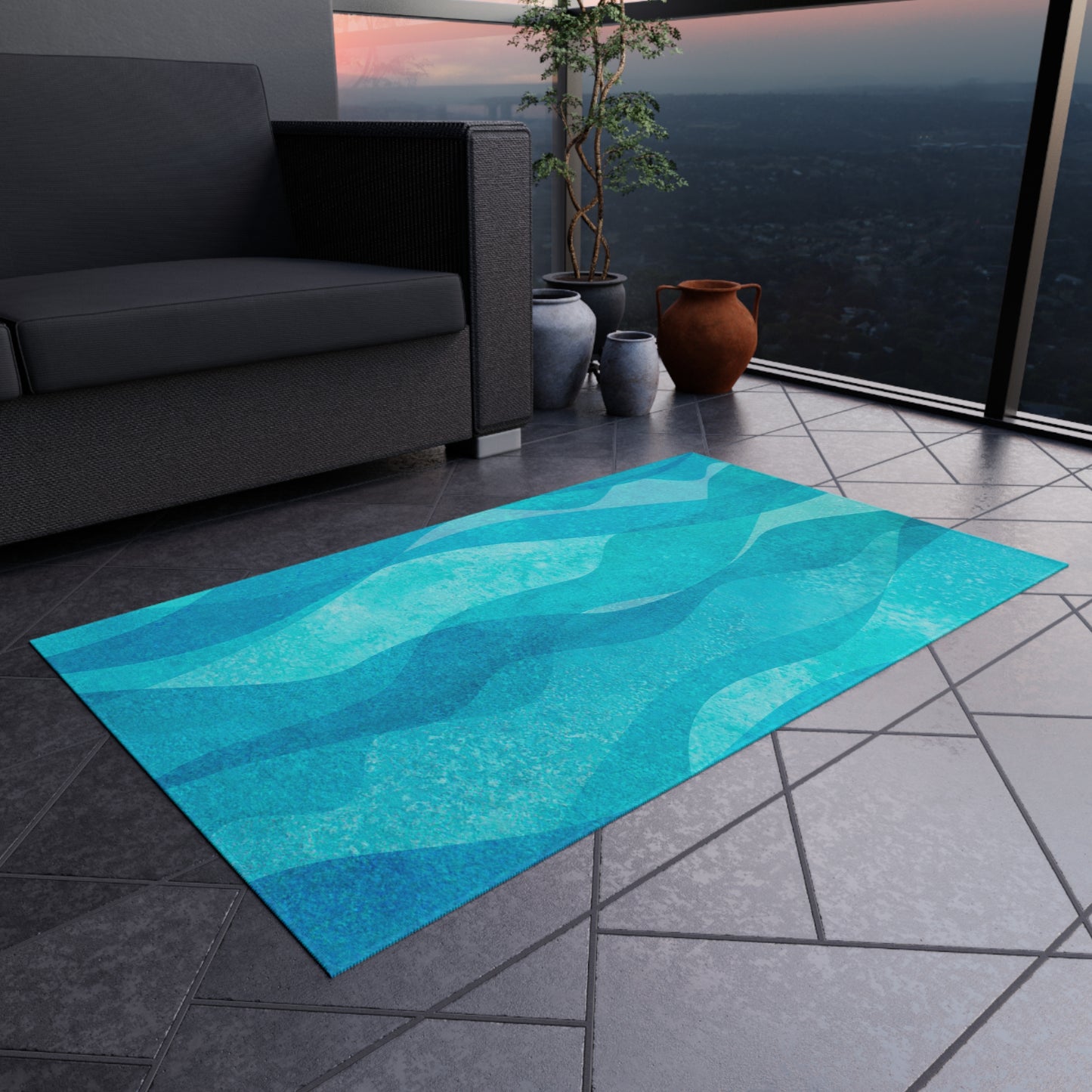 Modern Wave Design Chenille Outdoor Rug No-Skid Backing Cozy Outdoor Beachy Patio Decor Gazebo Rug Pool Area Decor Outdoor Kitchen Carpet