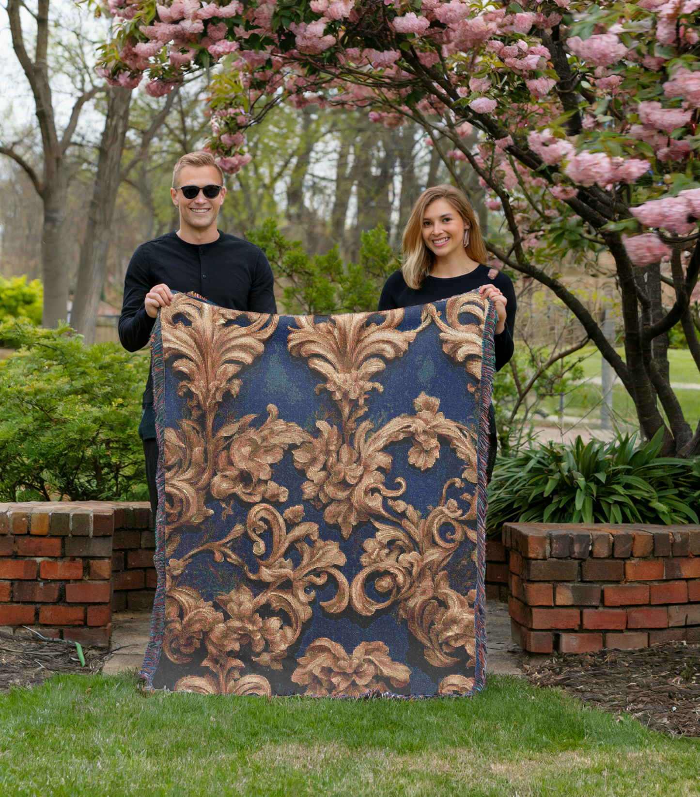 Retro Classic Damask Design Cozy Reading Throw for Book Lovers Cotton Woven Fringed Picnic Blanket Wall Art