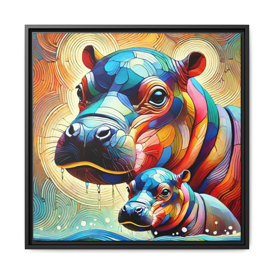 Modern Hippo Print Abstract Design Unique Framed Canvas Print Baby Hippo Wall Art Animal Lover Gift Nature Lover Decor 3 frame colors