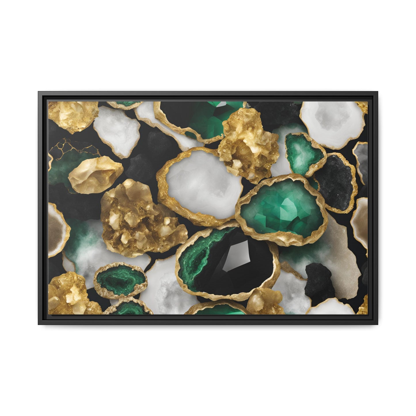 Emerald Green and Gold Quartz Crystal Design Print Matte Canvas Wall Art Nature Lover Gift Geology Rock Lover Gift 3 frame color choices