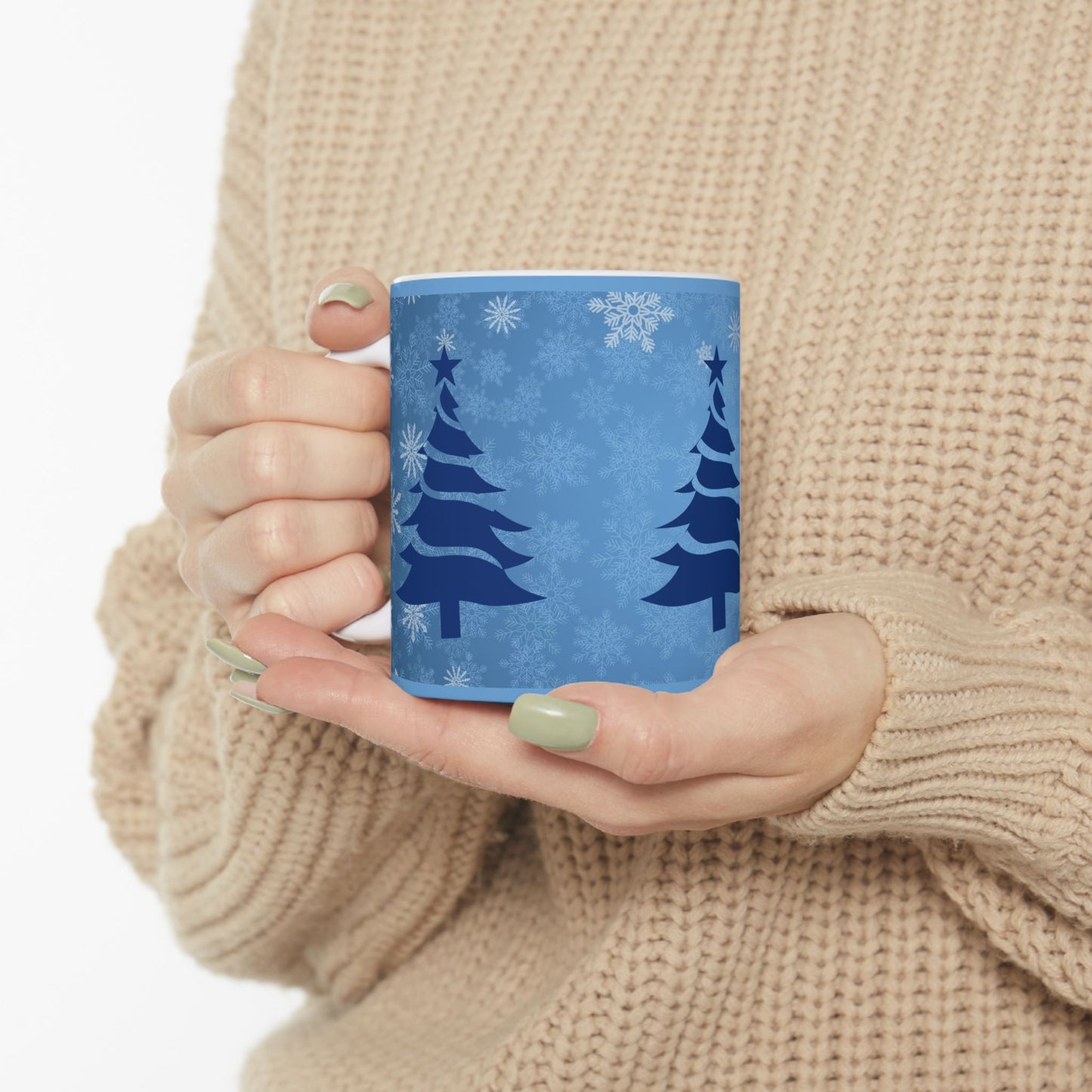 Blue and White Christmas Tree Snowflake Ceramic Coffee Tea or Hot Chocolate Holiday Gift 11 oz Mug