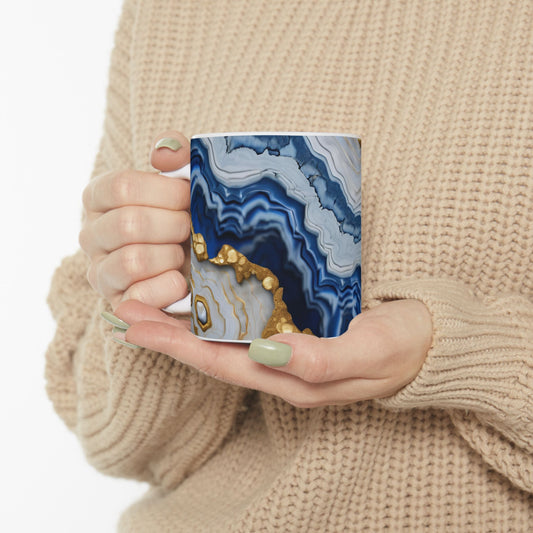 Blue and Gold Crystal Geode Design Coffee Tea Mug Cottage Core Boho Gemologist Gift for Nature Lover Marble Rock Agate Geology Gift