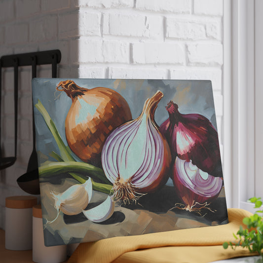 Kitchen Decor Glass Cutting Board Serving Tray with Onions and Garlic Design Cutting Board Gift for Home Cook Charcuterie Board