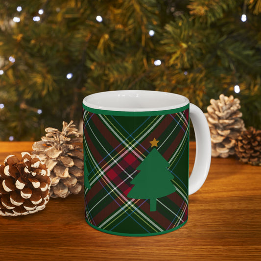 Merry Christmas Tree Plaid Coffee Tea Mug Cottage Core Holiday Gift for Her Red and Green Gift Mug