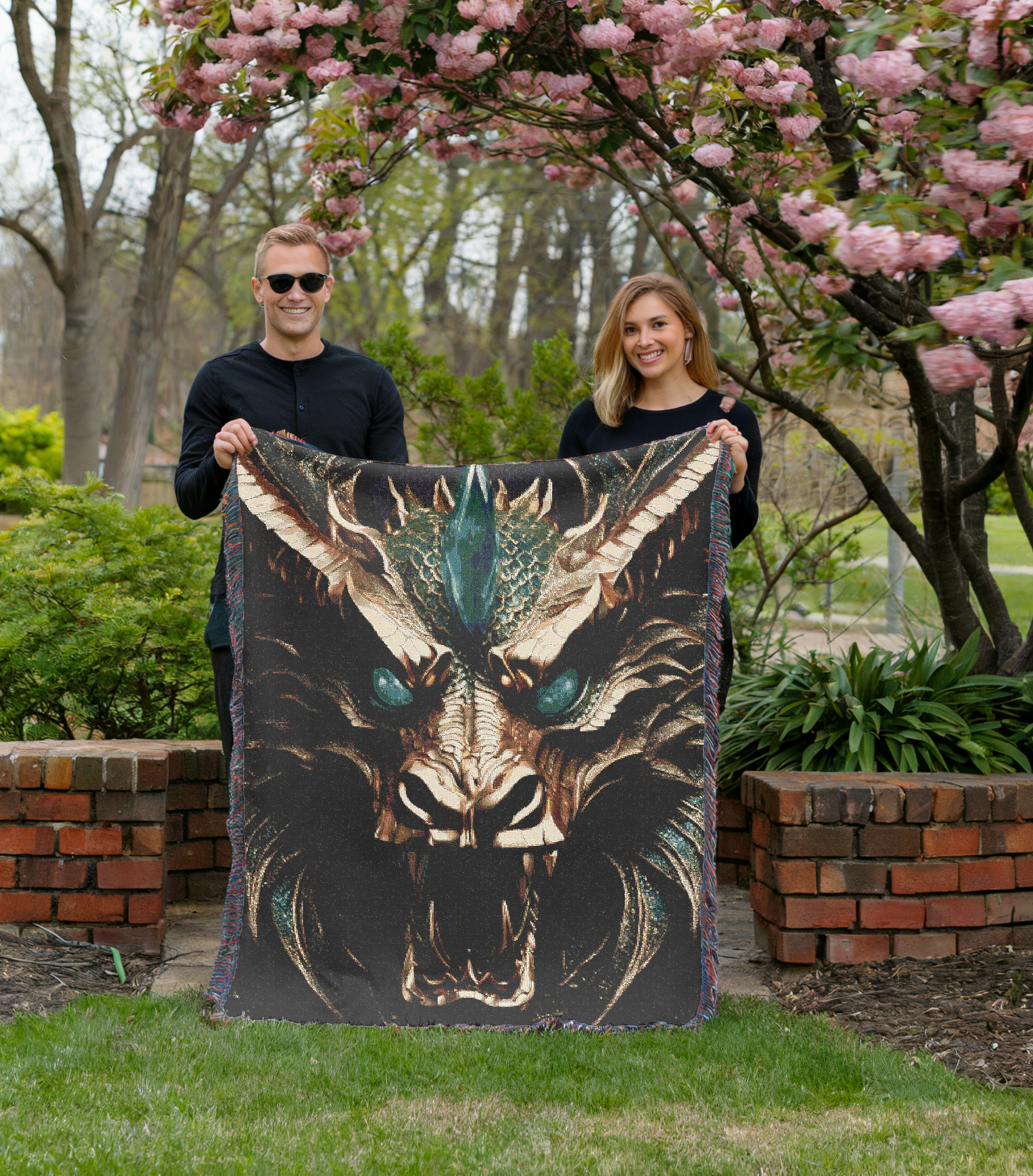 Roaring Dragon Cozy Reading Throw for Book Lovers Cotton Woven Fringed Picnic Blanket Wall Art