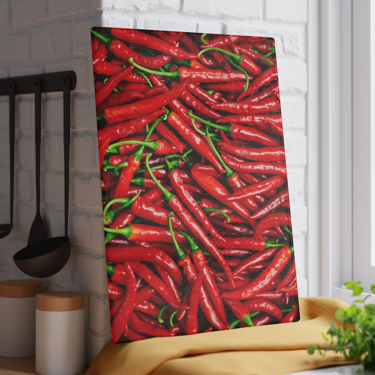 Kitchen Decor Glass Cutting Board Serving Tray with Red Hot Chili Peppers Spices Design Cutting Board Gift for Home Cook Charcuterie Board