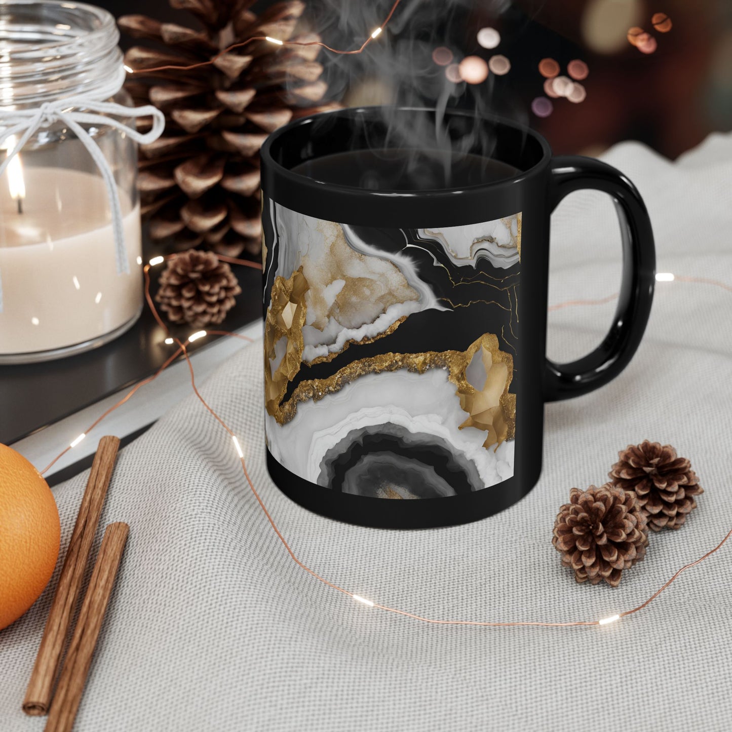 Black, White and Gold Crystal Geode Design Coffee Tea Hot Chocolate Mug Boho Gift for Her Nature Lover Gift Geology Rock Lover Gift