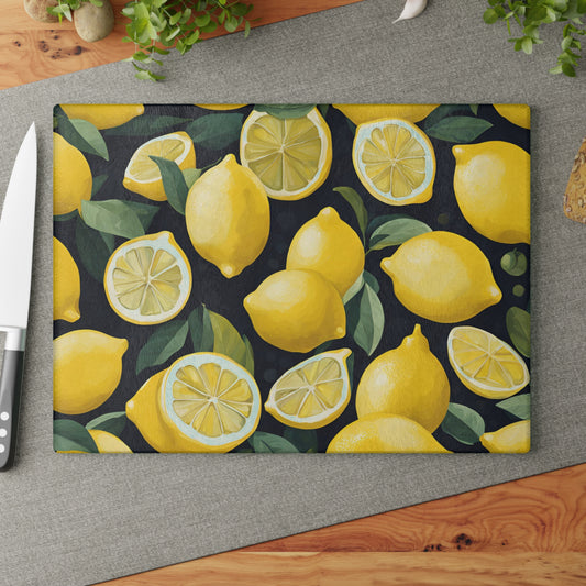 Kitchen Decor Glass Cutting Board Serving Tray with Lemons Pattern Cutting Board Gift for Home Cook Charcuterie Board