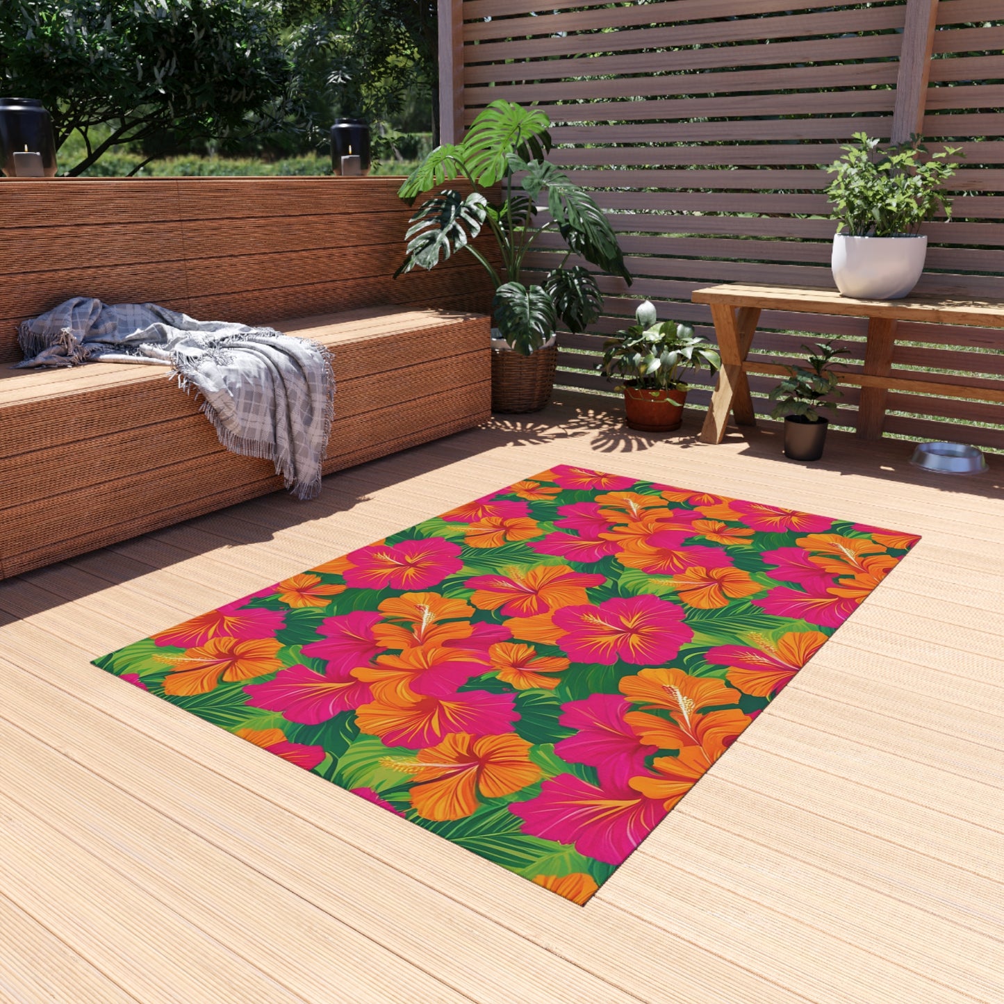 Tropical Chenille Outdoor Rug with No-Skid Backing Cozy Outdoor Carpet Patio Decor Hawaiian Floral Beachy Gazebo Rug Pool Area Decor