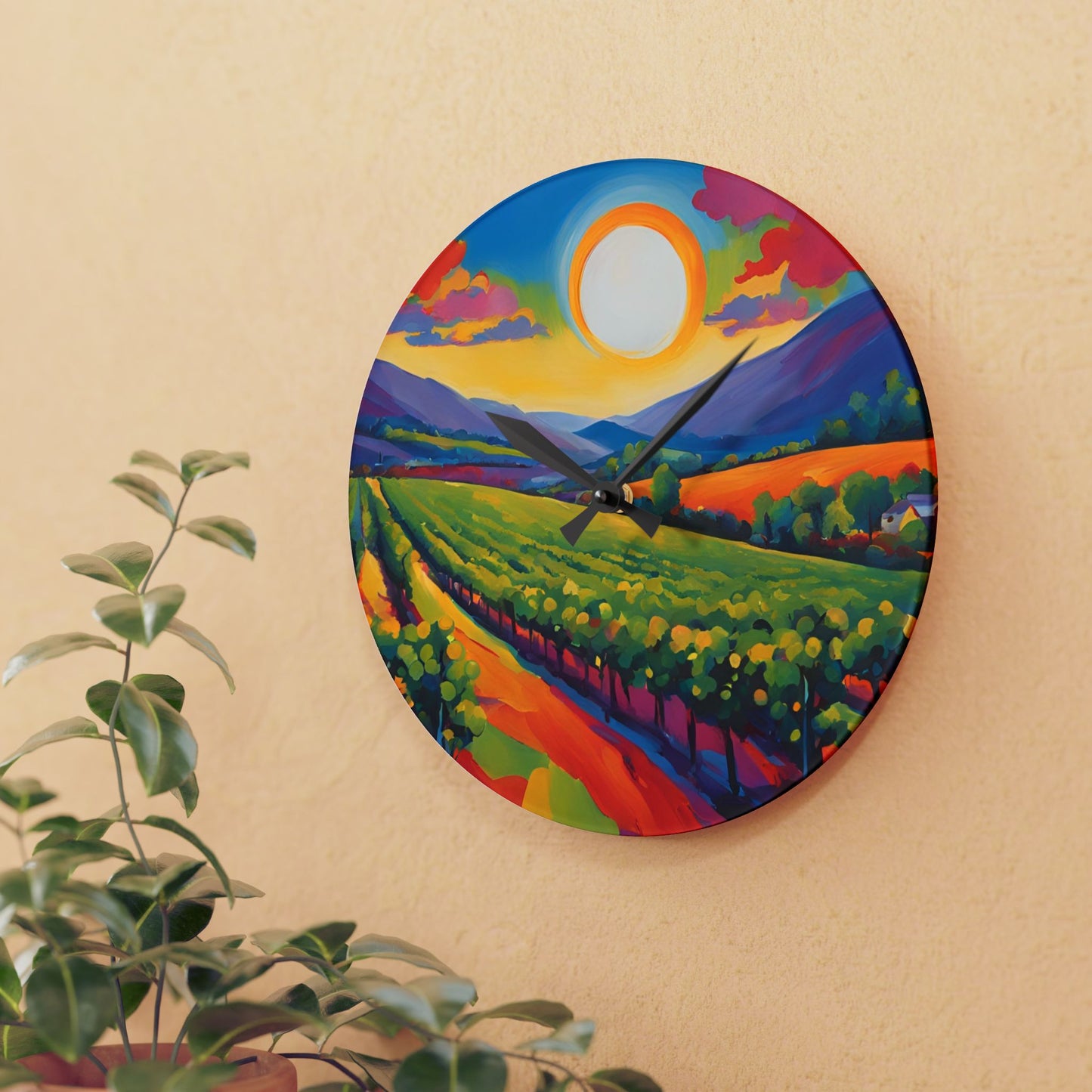 Modern Abstract Vineyard Design Acrylic Office Clock Unique Colorful Wall Clock Wine Lover Gift Landscape Art Design