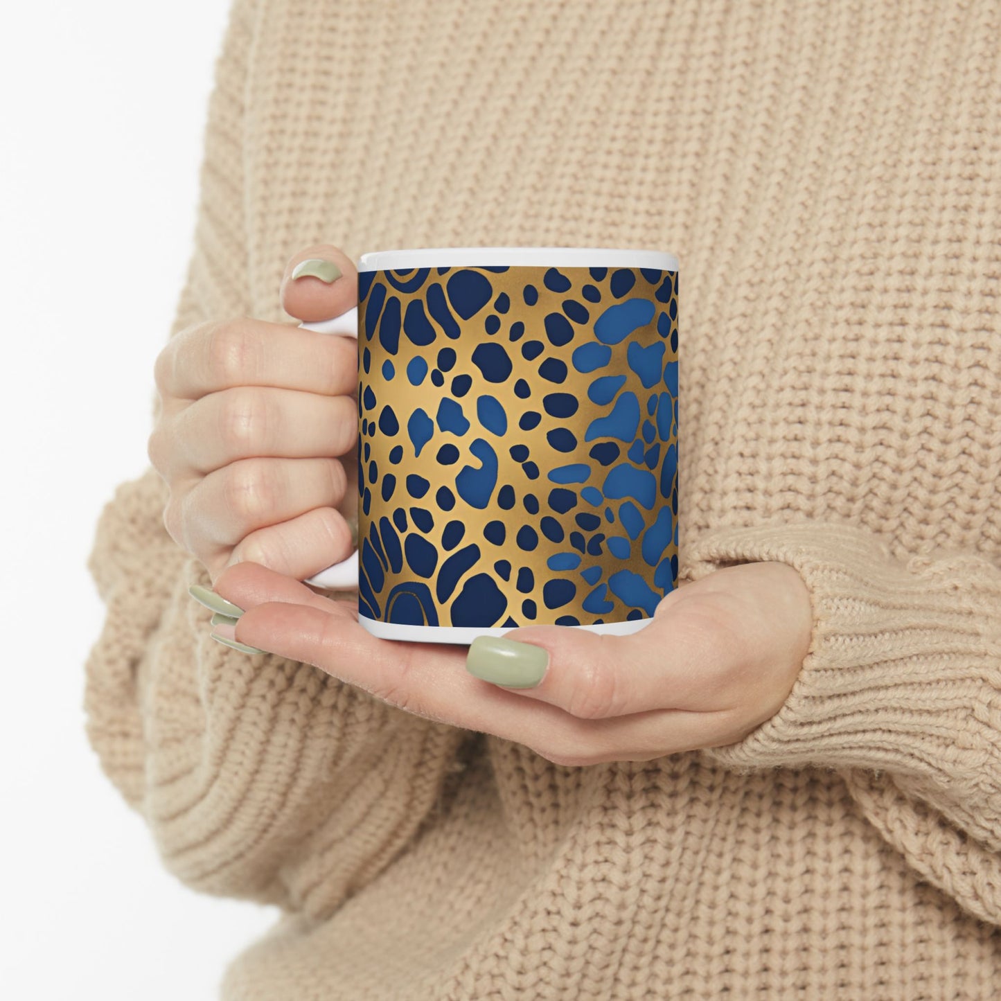 Cute Dog or Cat Paw Print Blue and Gold Ceramic Coffee Tea or Hot Chocolate Mug