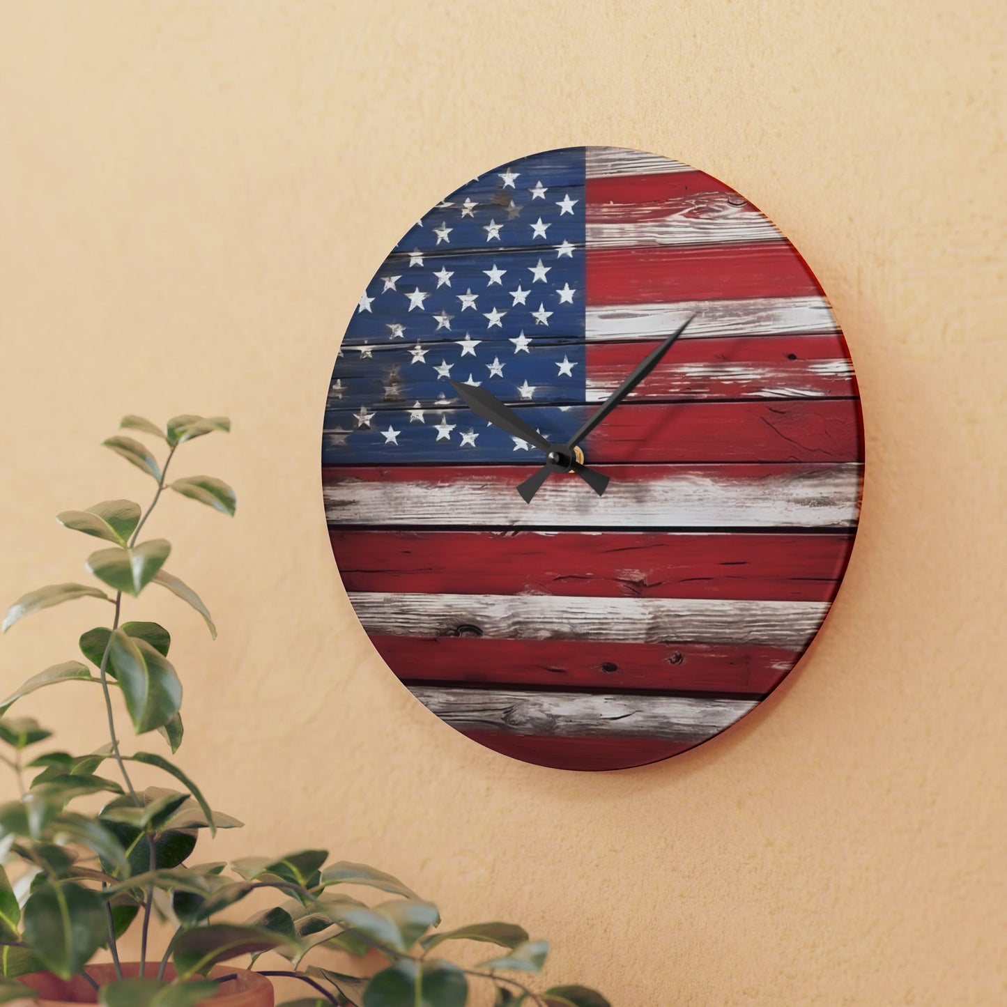 Rustic Wood-look Weathered American Flag Design Acrylic Clock Unique Colorful Wall Clock for Kitchen or Living Room Nature Lover Gift
