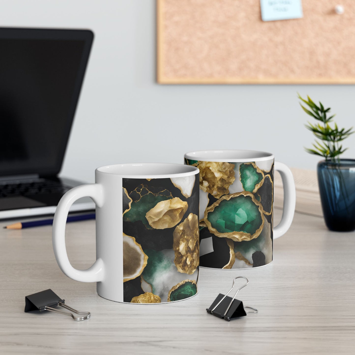 Black, White, Emerald Green and Gold Crystal Geode Design Coffee Tea Mug Boho Gemologist Gift Nature Lover Marble Rock Agate Geology Gift