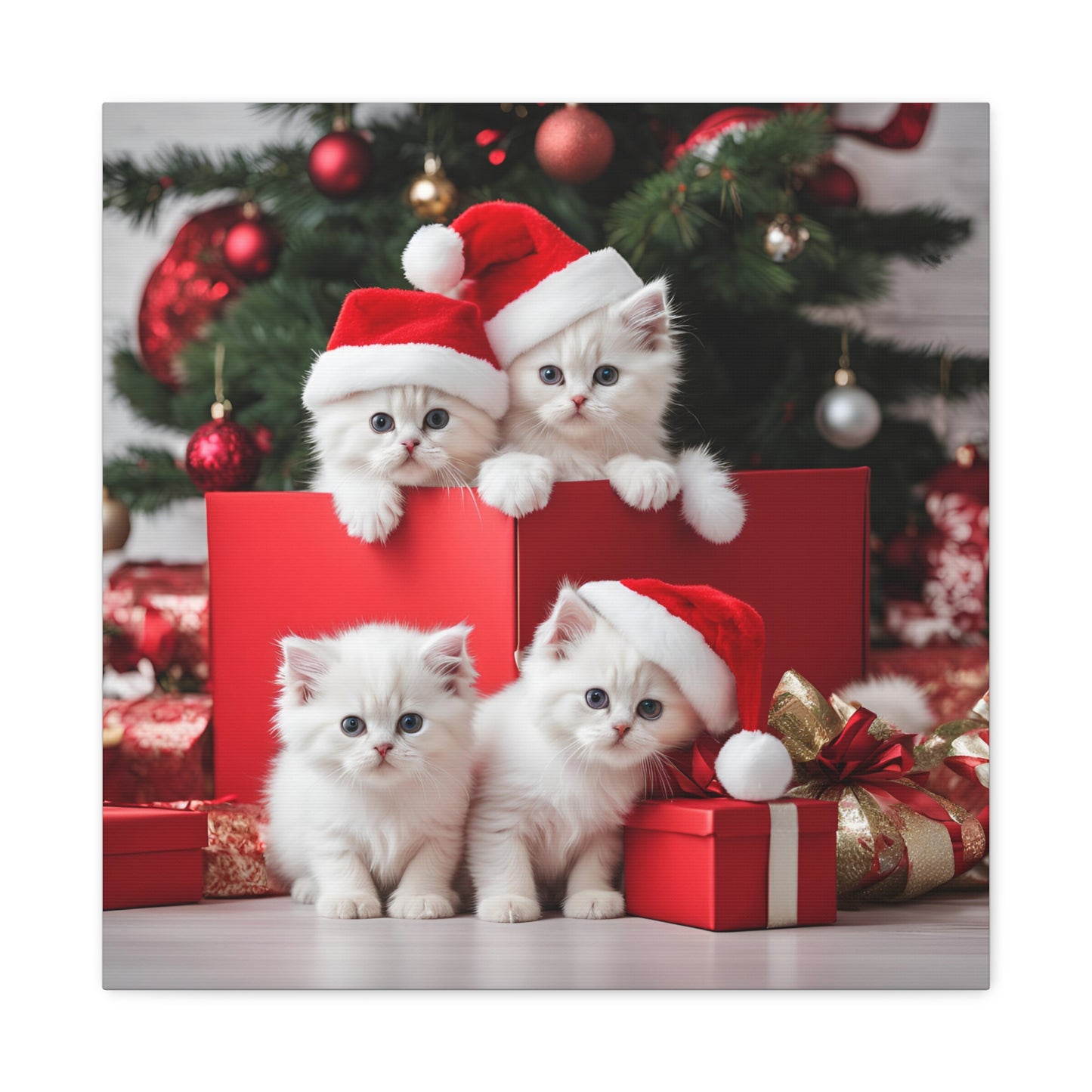 Christmas Kittens Print Wall Art | Matte Canvas, Stretched, 1.25" | Animal Lover | Holiday Gift | Santa Hat |