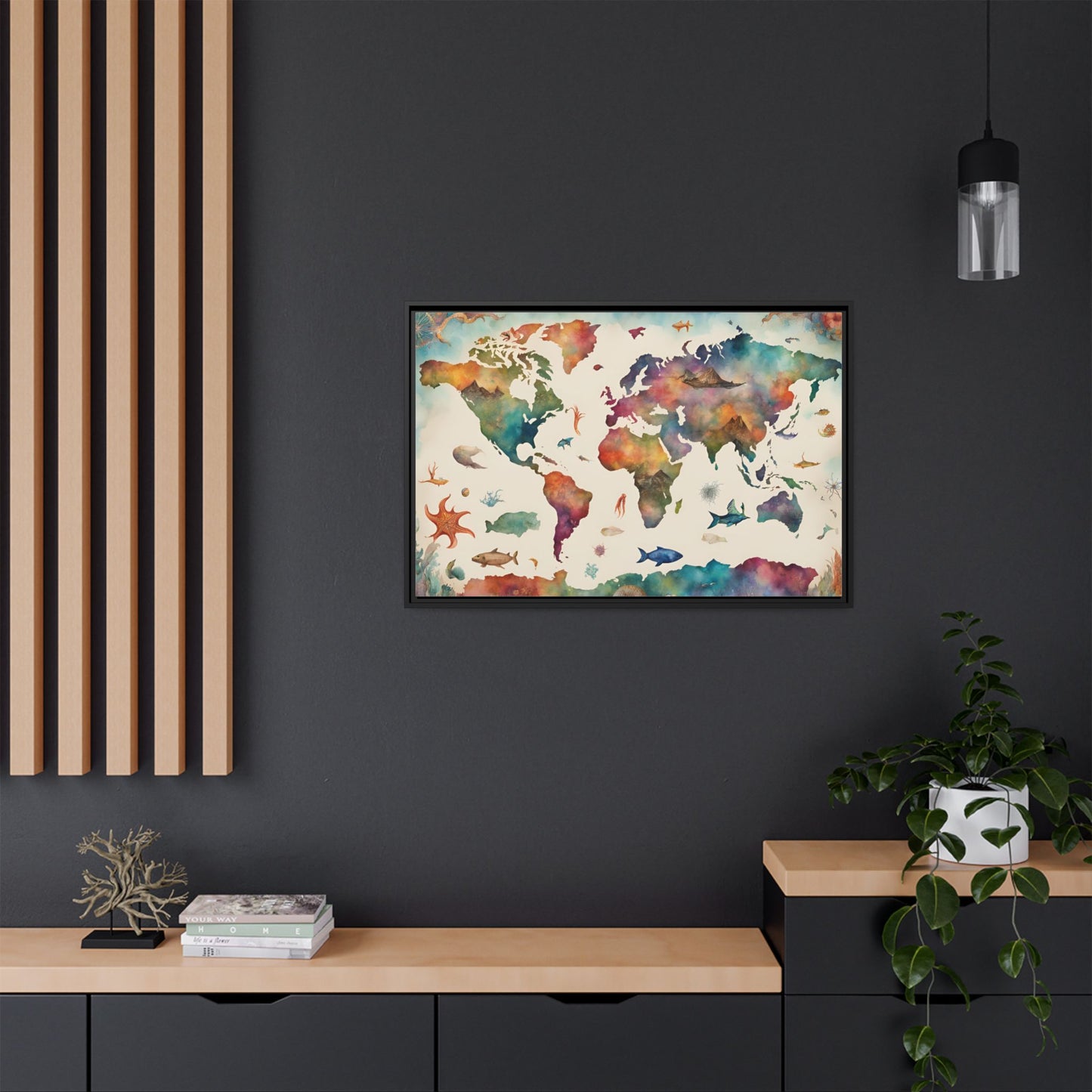 Unique Modern Art Style Colorful Marine Life Themed Global World Map Oceanic Print Matte Canvas Wall Art 3 frame colors to choose from