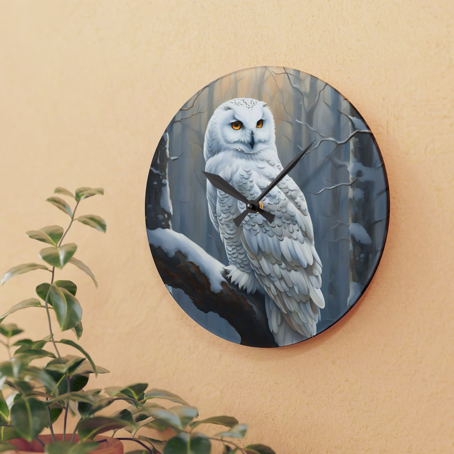 Snowy Owl Design Acrylic Clock Unique Colorful Wall Clock for Kitchen or Living Room Nature Lover Gift