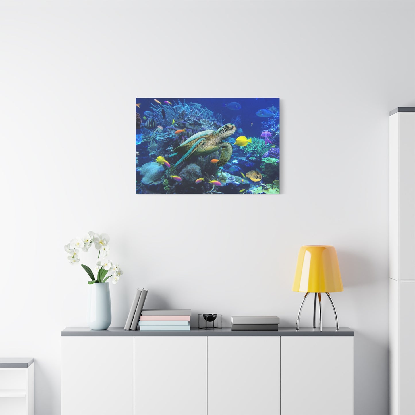 Sea Turtle Underwater Print Wall Art | Matte Canvas, Stretched, 1.25" | Ocean | Nature | Fish | Coral |