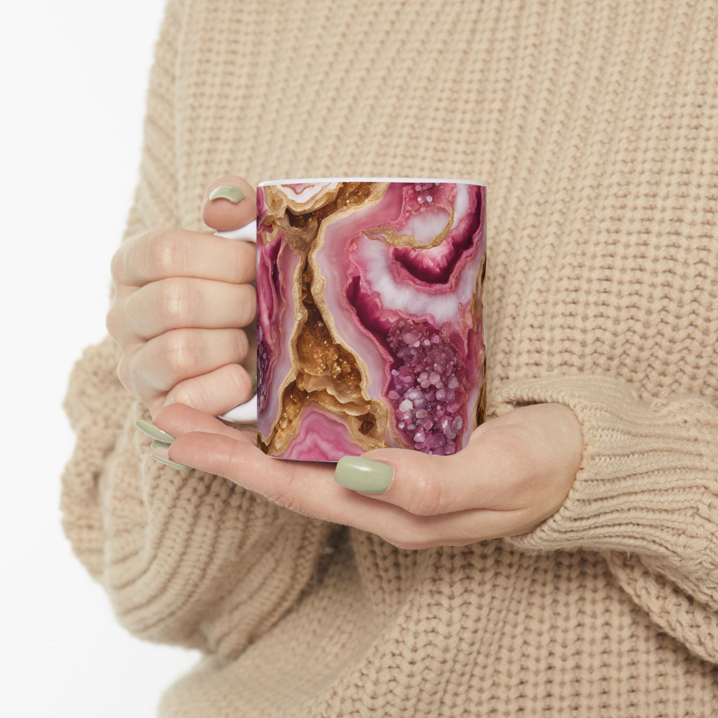 Pink and Gold Quartz Crystal Geode Design Coffee Tea Mug Boho Marble Gemologist Gift for Her Nature Lover Amethyst Stone Rock Geology Gift