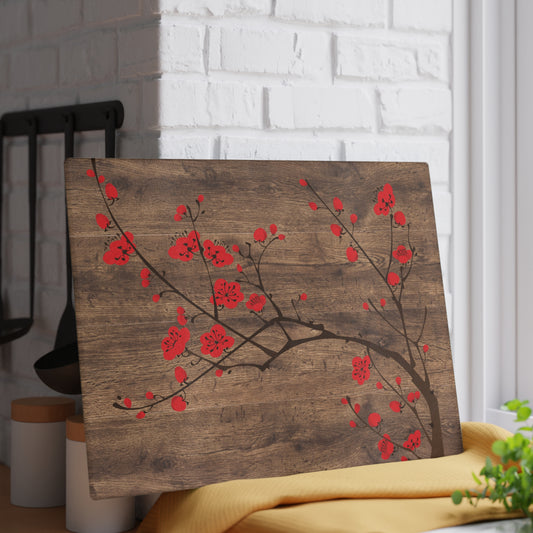 Kitchen Decor Glass Cutting Board Serving Tray with Plum Blossom Design Cutting Board Gift for Home Cook Fun Floral Charcuterie Board