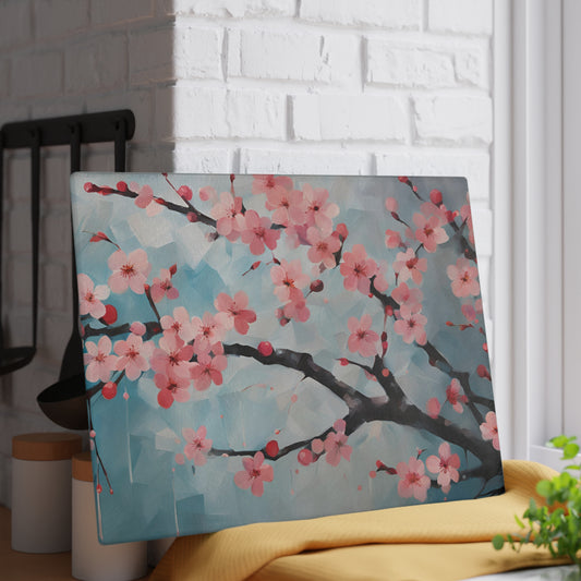 Kitchen Decor Glass Cutting Board Serving Tray with Plum Blossom Design Cutting Board Gift for Home Cook Fun Floral Charcuterie Board
