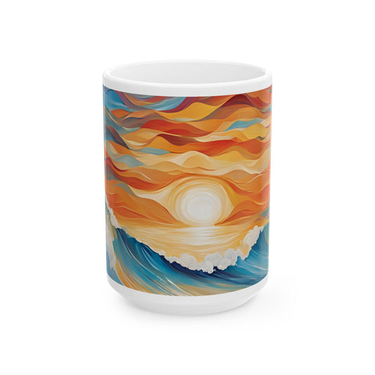 Modern Sun and Waves Cottagecore 15-oz Coffee Mug Ocean Nature Tea Cup Beach Lover Gift for Her