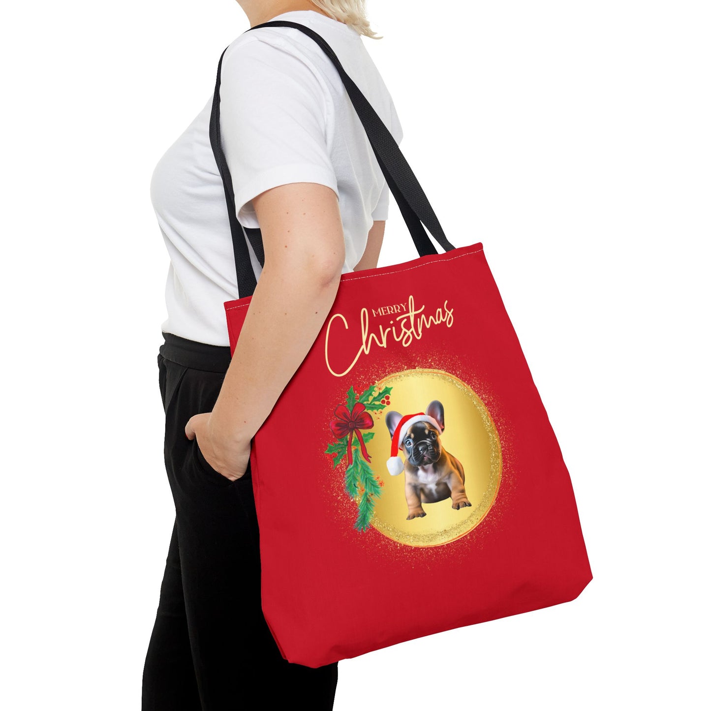 Merry Christmas Frenchie Tote Bag | Holiday | Puppy | Seasons Greetings | Santa Hat |