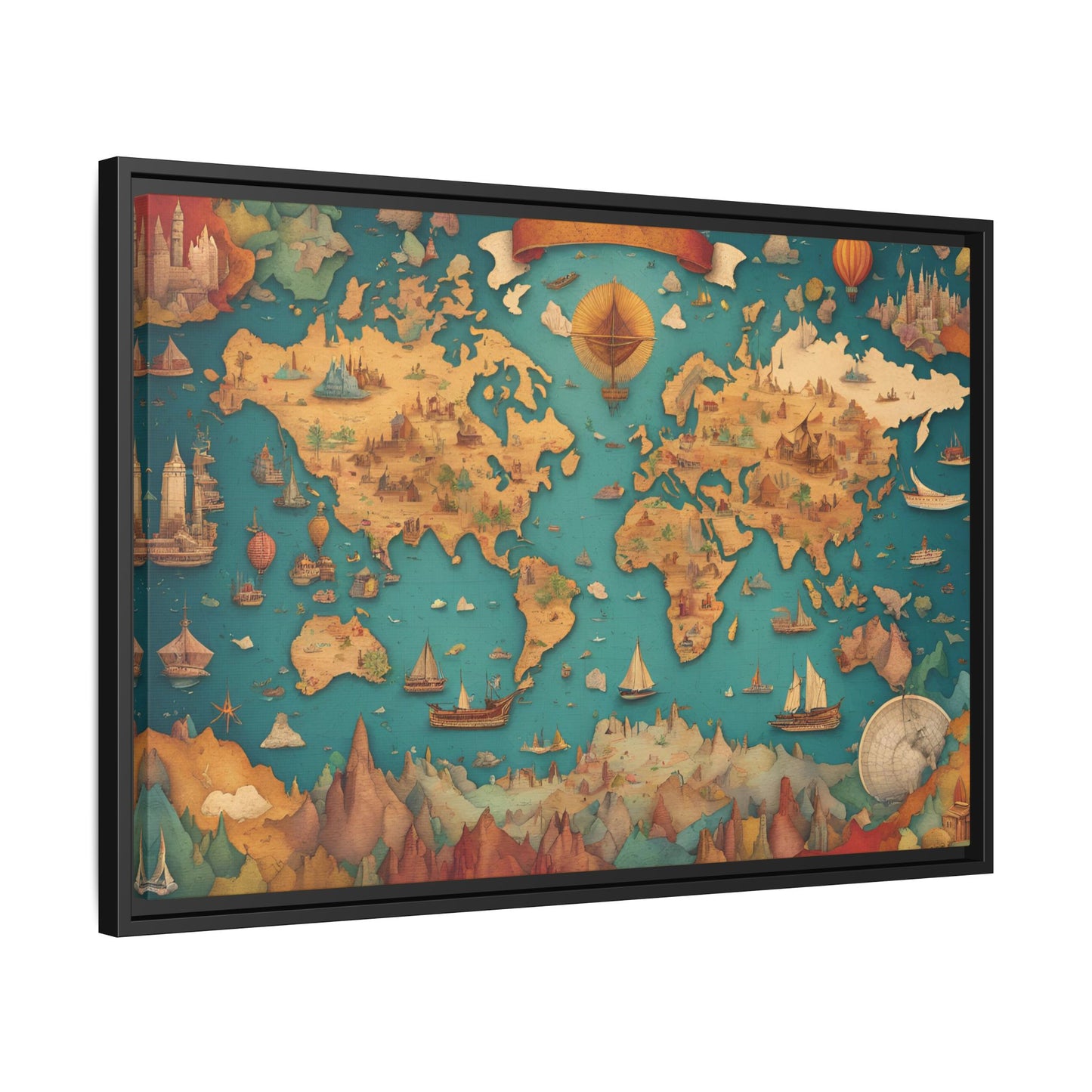 Old World Style Adventurers and Discoverers Global World Map Ships and Castles Print Matte Canvas Wall Art 3 frame colors to choose from