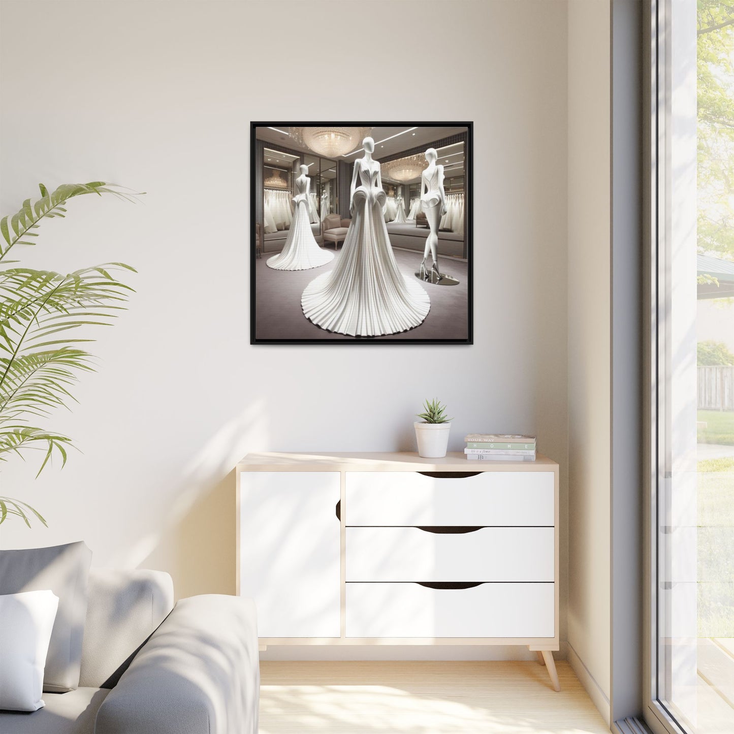 Futuristic Modern Wedding Dress Framed Canvas Print Wall Art Unique Fashion Designer Haute Couture Fashionista Gift Decor 3 Frame Colors