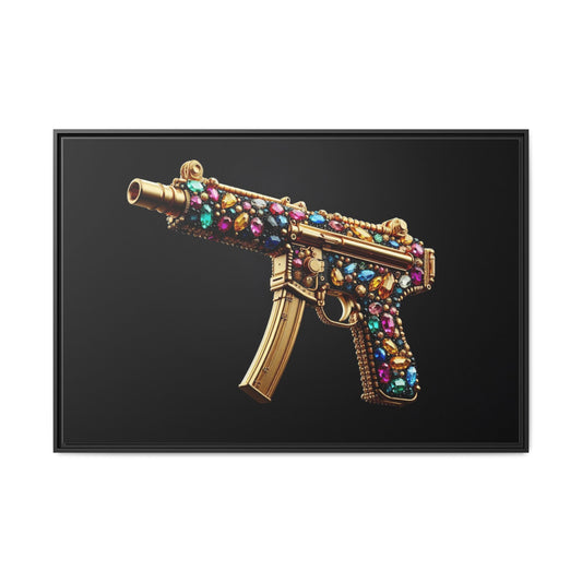 Bejeweled Machine Gun Print AI Design Unique Framed Canvas Print Wall Art Gun Lover Gift Edgy Glam Fantasy Weapon Decor 3 frame colors