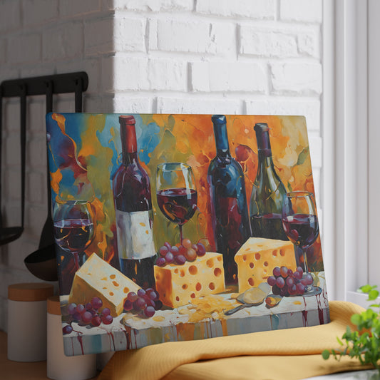 Kitchen Decor Glass Cutting Board Serving Tray with Wine and Cheese Design Cutting Board Gift for Home Cook Charcuterie Board