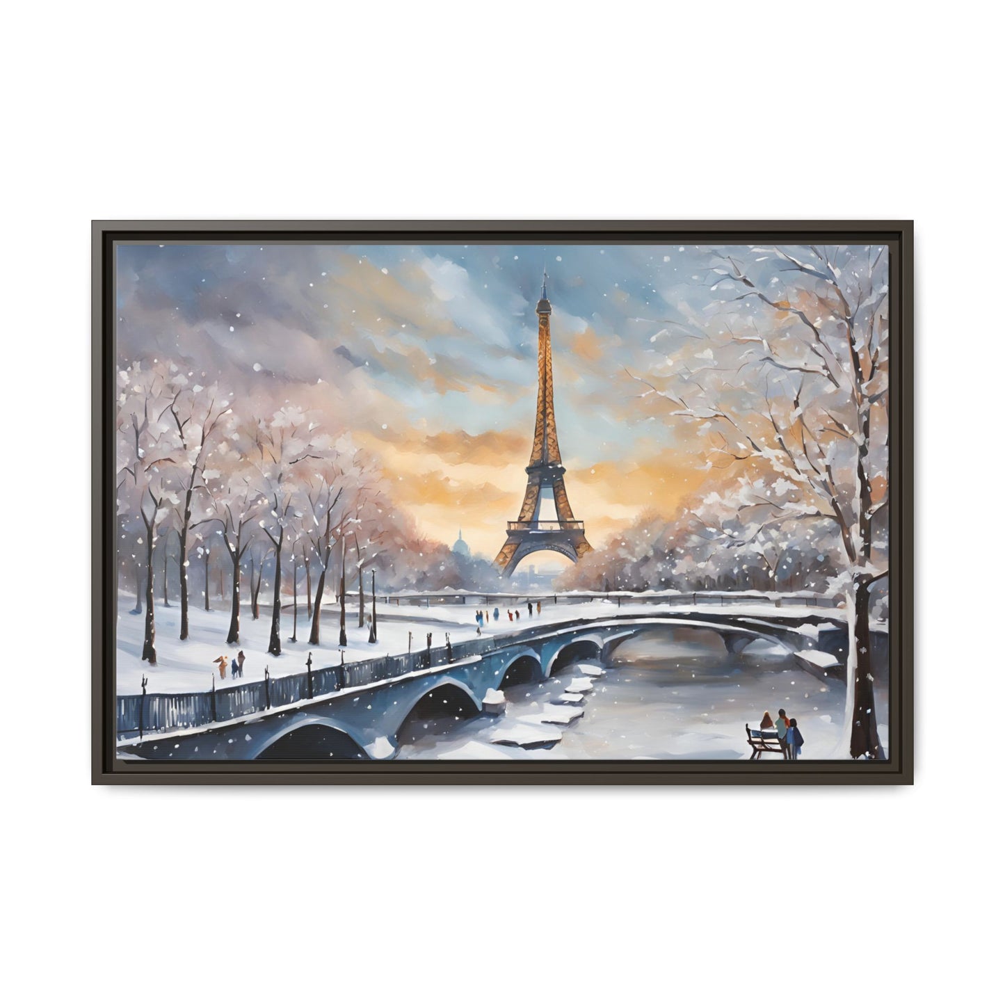 Eiffel Tower in Winter Print Wall Art Matte Stretched Canvas Paris Lover Gift Winter in France, 3 frame colors to choose from