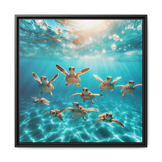 Baby Sea Turtles Out for a Swim Framed Canvas Wall Art Beach Lover Vacation Oceanic Gift Nature Lover Peaceful Zen Gift 3 frame colors