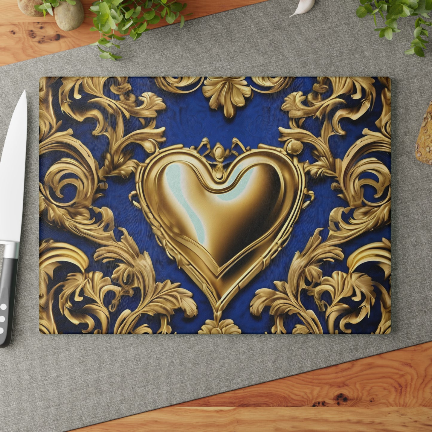 Kitchen Decor Glass Cutting Board Serving Tray with Heart Design Retro Damask Pattern Cutting Board Gift for Home Cook Charcuterie Board