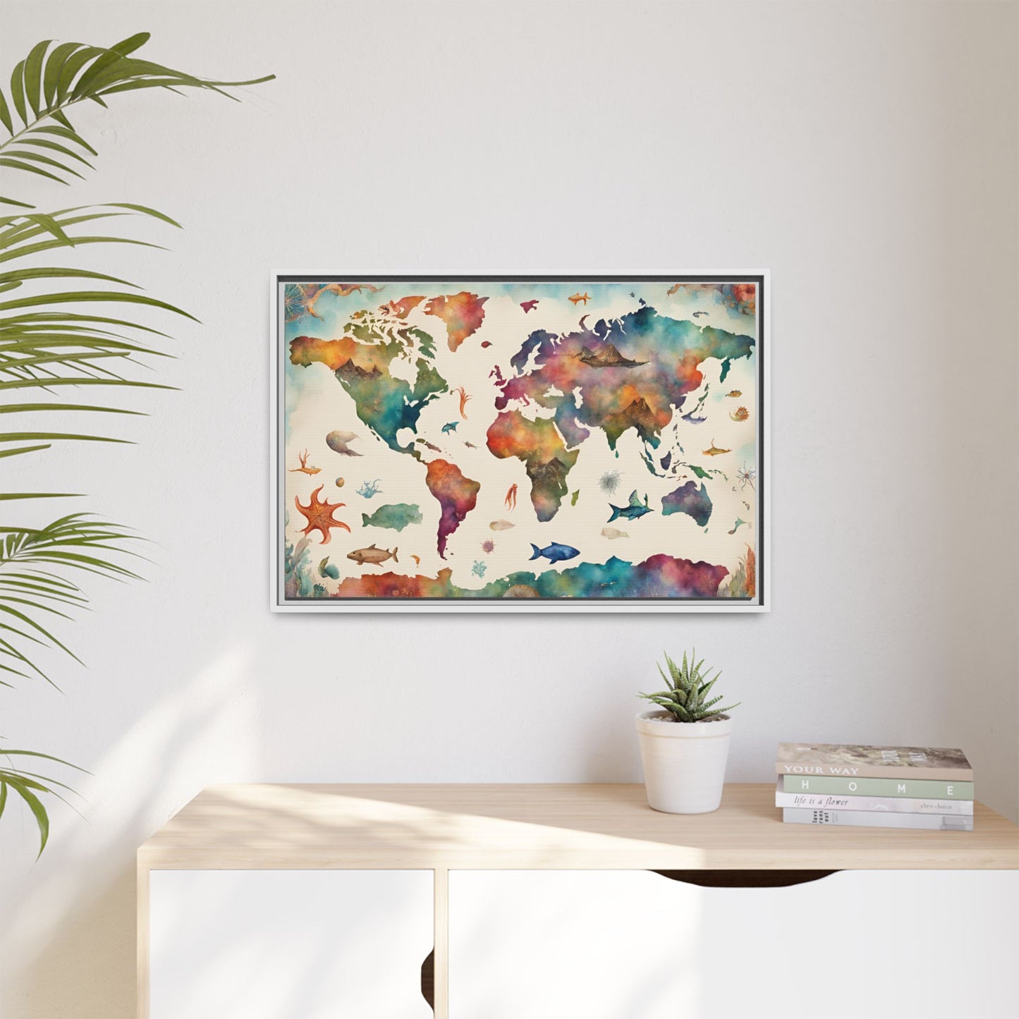 Unique Modern Art Style Colorful Marine Life Themed Global World Map Oceanic Print Matte Canvas Wall Art 3 frame colors to choose from