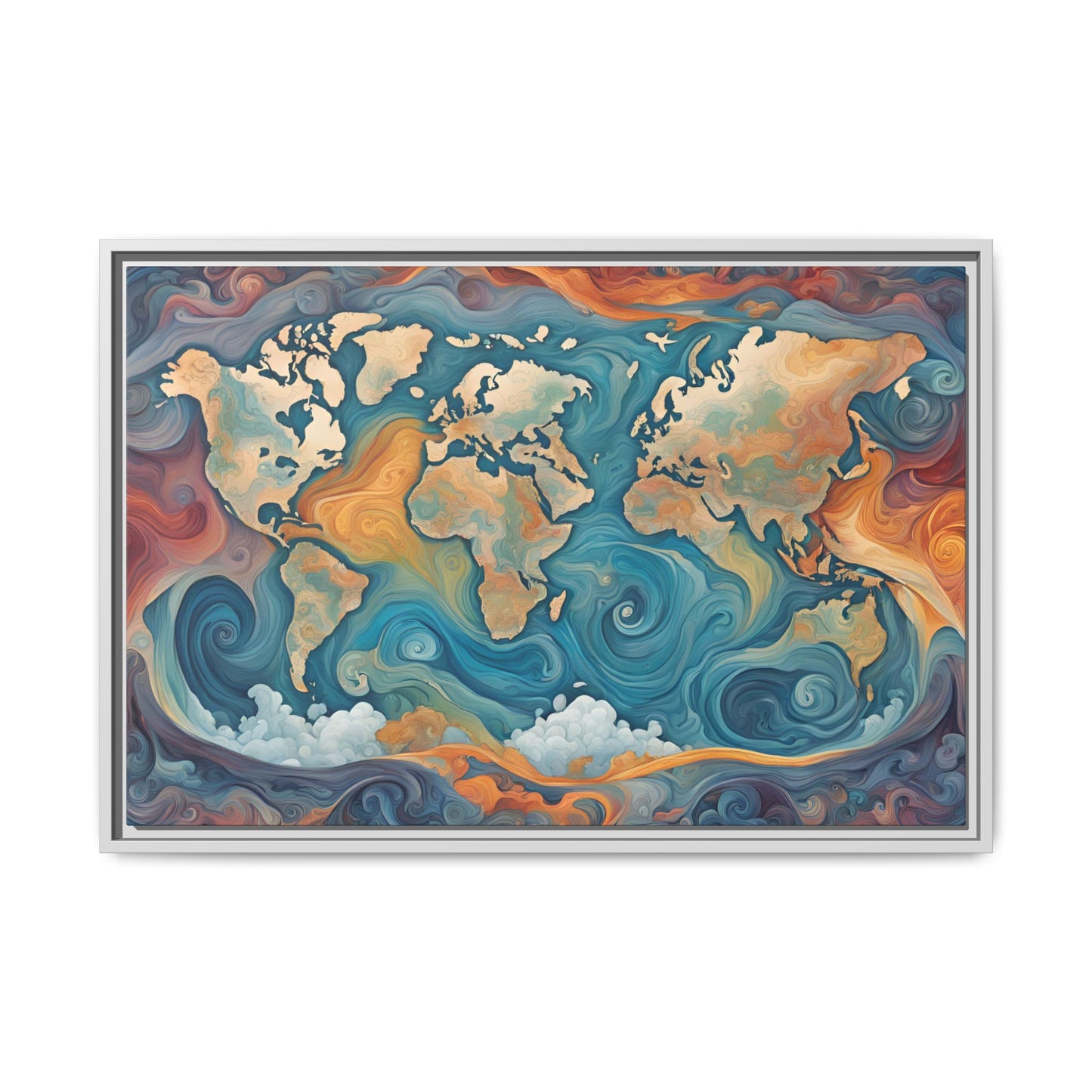 Modern Swirl Art Style Colorful Global World Map Print Matte Canvas Wall Art 3 frame colors to choose from