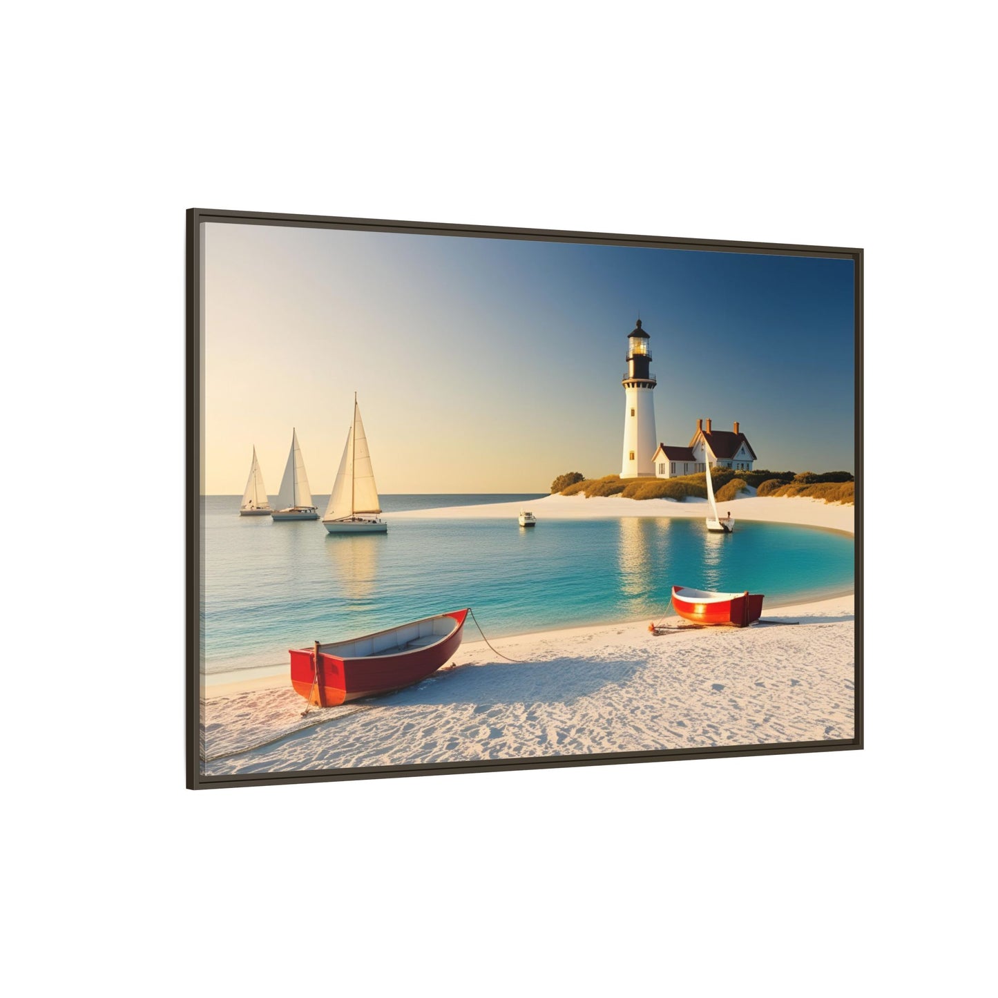 Lighthouse on the Beach Unique Framed Canvas Print Wall Art Nature Lover Gift Beachy Sailboats in the Ocean Vacation Decor 3 frame colors