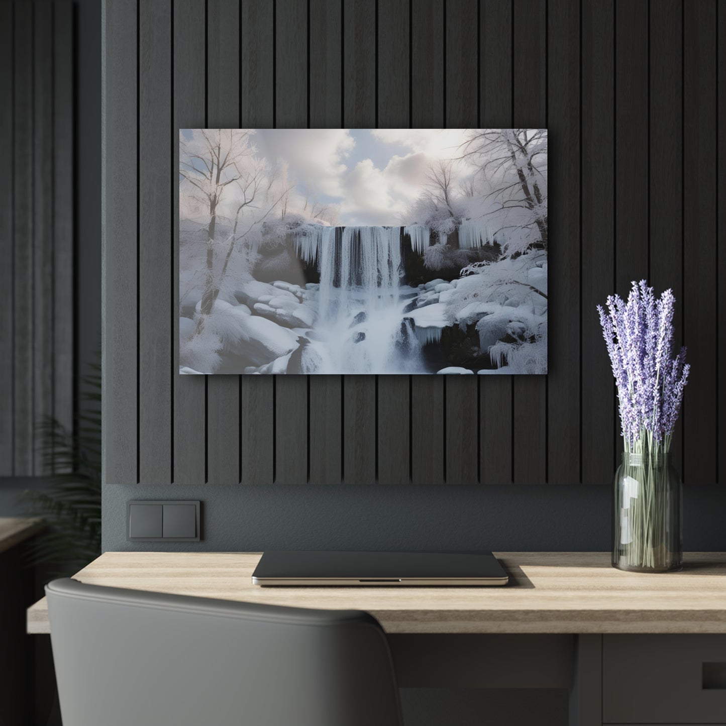 Large Snowy Waterfall Acrylic Print with French Cleat Nature Lover Wall Art Mountain Life Gift Outdoors Artwork Modern Home Decor