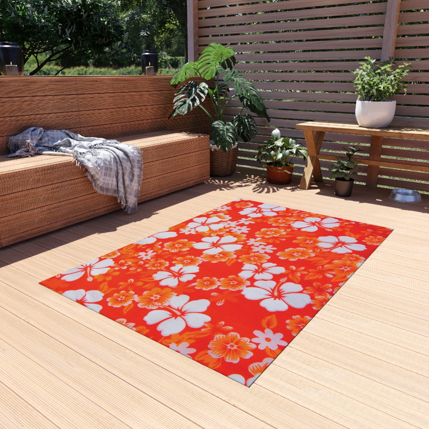 Tropical Chenille Outdoor Rug with No-Skid Backing Cozy Outdoor Carpet Patio Decor Hawaiian Floral Beachy Gazebo Rug Pool Area Decor