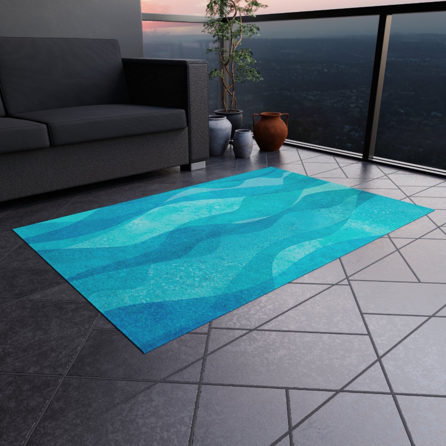 Modern Wave Design Chenille Outdoor Rug No-Skid Backing Cozy Outdoor Beachy Patio Decor Gazebo Rug Pool Area Decor Outdoor Kitchen Carpet
