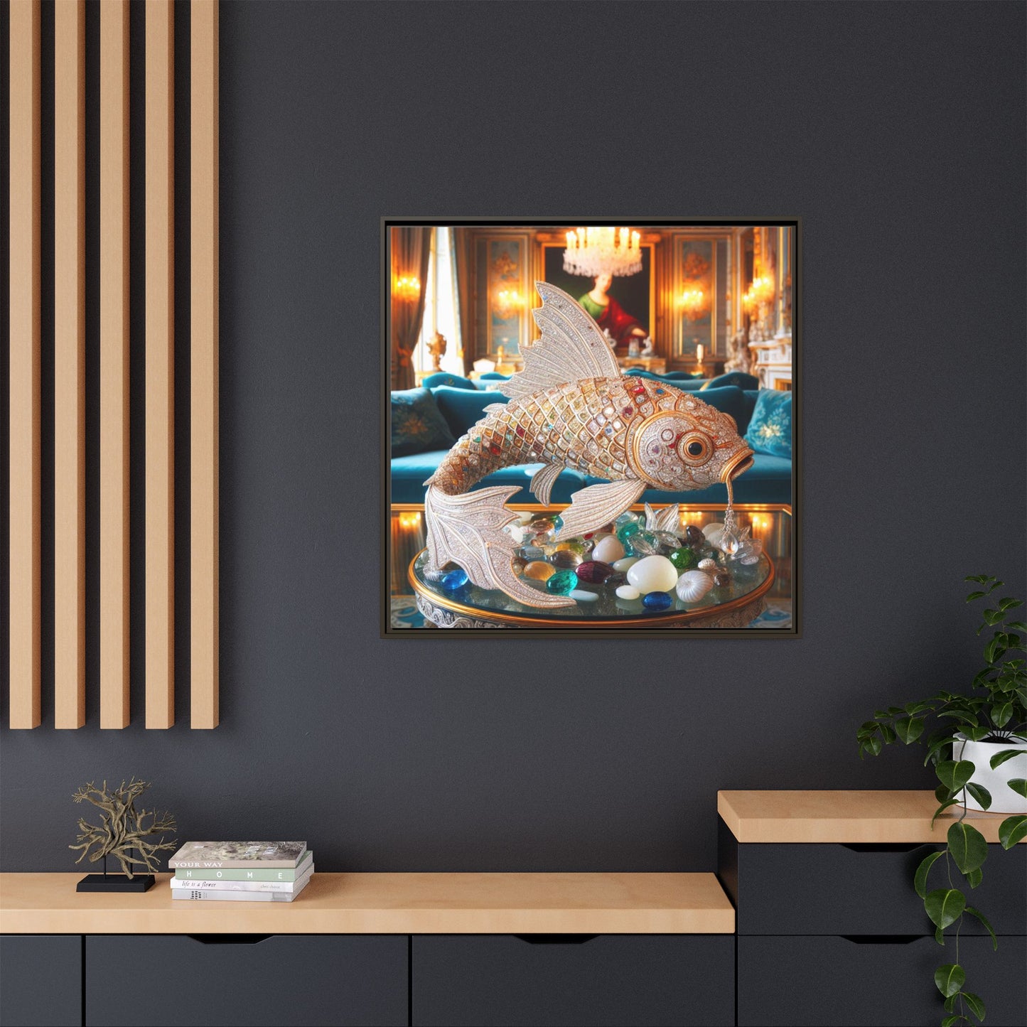 Bejeweled Koi Fish Framed Canvas Print Wall Art Unique Fashion Designer Haute Couture Fashionista Animal Lover Gift Decor 3 Frame Colors