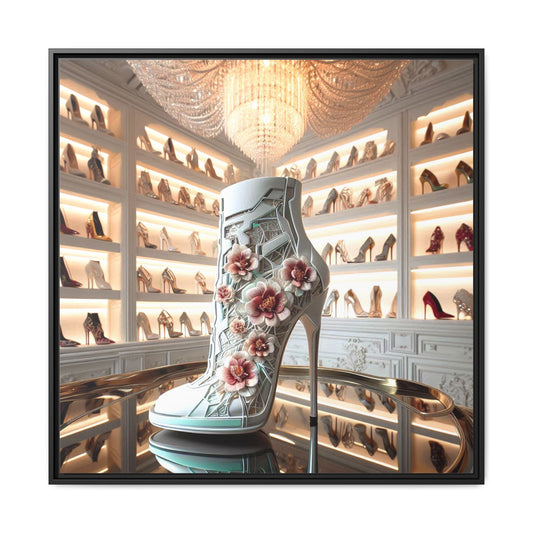 Floral High Heel Shoe Framed Canvas Print Wall Art Unique Fashion Designer Style Haute Couture Shoe Lover Fashionista Decor 3 Frame Colors